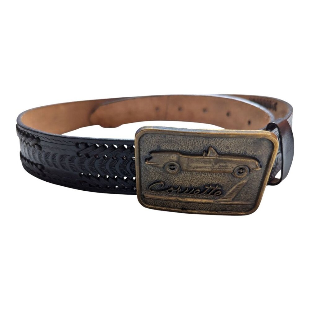 Corvette metal belt buckle Moran black belt 43 inch w/ 3 inch buckle textured